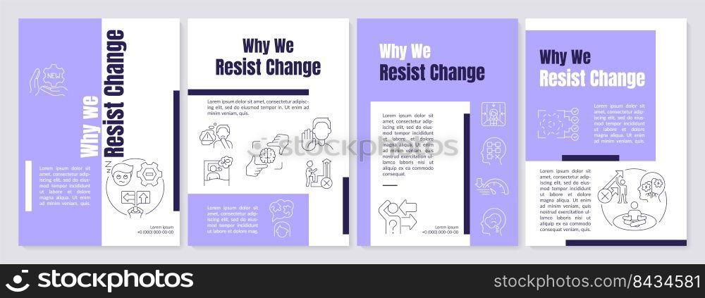 Change resisting reasons purple brochure template. Nonconformism. Leaflet design with linear icons. Editable 4 vector layouts for presentation, annual reports. Anton, Lato-Regular fonts used. Change resisting reasons purple brochure template