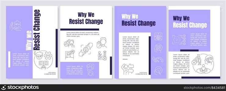 Change resisting reasons purple brochure template. Nonconformism. Leaflet design with linear icons. Editable 4 vector layouts for presentation, annual reports. Anton, Lato-Regular fonts used. Change resisting reasons purple brochure template