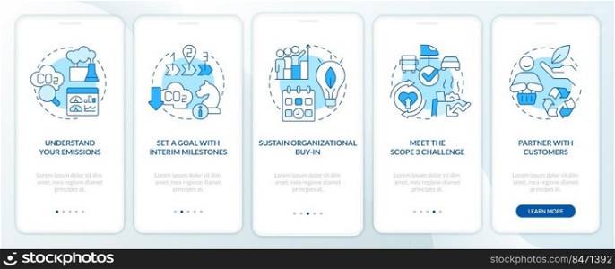 Change to net zero blue onboarding mobile app screen. Reduce emissions walkthrough 5 steps editable graphic instructions with linear concepts. UI, UX, GUI template. Myriad Pro-Bold, Regular fonts used. Change to net zero blue onboarding mobile app screen