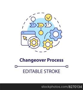 Changeover process concept icon. Manufacturing equipment. SMED methodology abstract idea thin line illustration. Isolated outline drawing. Editable stroke. Arial, Myriad Pro-Bold fonts used. Changeover process concept icon