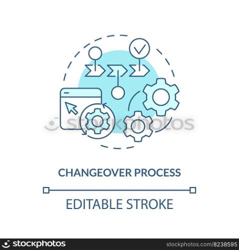 Changeover process turquoise concept icon. Manufacturing equipment. SMED methodology abstract idea thin line illustration. Isolated outline drawing. Editable stroke. Arial, Myriad Pro-Bold fonts used. Changeover process turquoise concept icon
