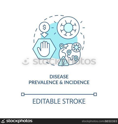 Changes in disease prevalence and incidence turquoise concept icon. Costly medicine abstract idea thin line illustration. Isolated outline drawing. Editable stroke. Arial, Myriad Pro-Bold fonts used
. Changes in disease prevalence and incidence turquoise concept icon