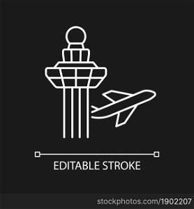 Changi airport control tower white linear icon for dark theme. Visual observation from tower. Thin line customizable illustration. Isolated vector contour symbol for night mode. Editable stroke. Changi airport control tower white linear icon for dark theme