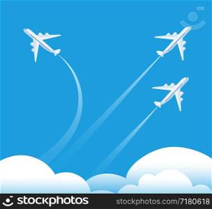 Changing direction concept. Airplane flying in different direction. New trend, unique idea and innovation way business background. Illustration of airplane way direction, creative strategy solution. Changing direction concept. Airplane flying in different direction. New trend, unique idea and innovation way business background