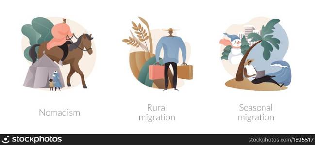 Changing habitation abstract concept vector illustration set. Nomadism, rural migration, seasonal movement, population growth and urbanization, hunters and gatherers, moving to city abstract metaphor.. Changing habitation abstract concept vector illustrations.