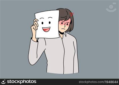 Changing mood for good concept. Young stressed angry woman cartoon character standing holding white paper with smile over face vector illustration. Changing mood for good concept