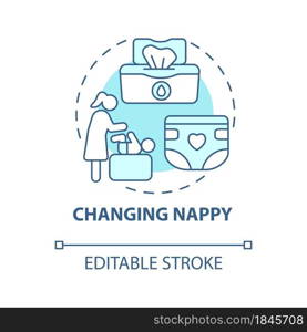 Changing nappy blue concept icon. Child nursing abstract idea thin line illustration. Baby hygiene. Remove skin rash with powder and cream. Vector isolated outline color drawing. Editable stroke. Changing nappy blue concept icon
