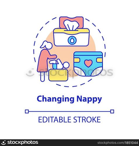 Changing nappy concept icon. Child nursing abstract idea thin line illustration. Baby hygiene. Remove skin rash with powder and cream. Vector isolated outline color drawing. Editable stroke. Changing nappy concept icon