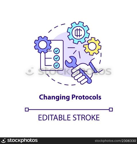 Changing protocols concept icon. Crypto-currency disadvantage abstract idea thin line illustration. Blockchain technology. Isolated outline drawing. Editable stroke. Arial, Myriad Pro-Bold fonts used. Changing protocols concept icon