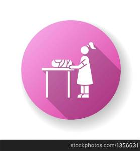 Changing table flat design long shadow glyph icon. Restroom for mom and child. Mother changing diaper for baby. Newborn kid care. Nanny dressing infant. Silhouette RGB color illustration. Changing table pink flat design long shadow glyph icon. Restroom for mom and child. Mother changing diaper for baby. Newborn kid care. Nanny dressing infant. Silhouette RGB color illustration