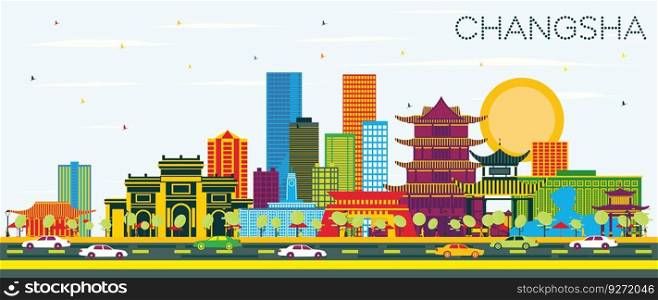 Changsha China City Skyline with Color Buildings and Blue Sky. Vector Illustration. Business Travel and Tourism Concept with Modern Architecture. Changsha Cityscape with Landmarks.