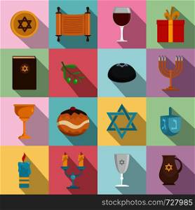 Chanukah jewish holiday icons set. Flat illustration of 16 chanukah jewish holiday vector icons for web. Chanukah jewish holiday icons set, flat style