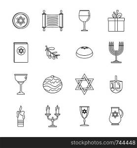 Chanukah jewish holiday icons set. Outline illustration of 16 chanukah jewish holiday vector icons for web. Chanukah jewish holiday icons set, outline style