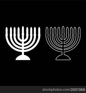 Chanukah menorah Jewish holiday candelabra with candles Israel candle holder icon white color vector illustration flat style simple image set. Chanukah menorah Jewish holiday candelabra with candles Israel candle holder icon white color vector illustration flat style image set