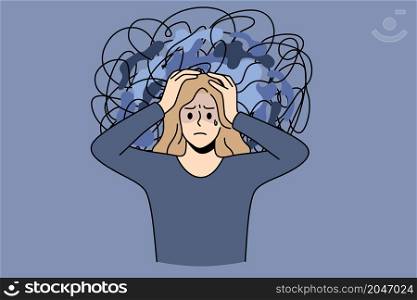 Chaos and mess in mind concept. Frustrated young stressed girl standing touching head having messy thoughts and no clearance in mind vector illustration . Chaos and mess in mind concept.
