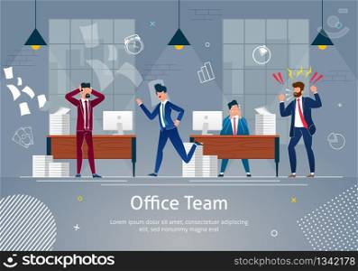 Chaos at Workplace. Office Team in Panic. Angry and Annoyed Businessmen at Work Office Banner. Stressed Worker at Table Character in Desperation. Screaming Cartoon Male Boss or Employer.. Office Team in Panic, Chaos at Workplace Banner.