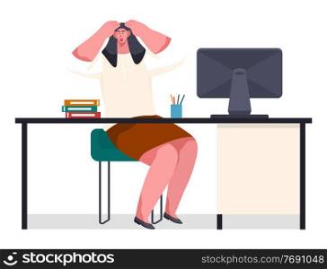 Chaos in office. Office worker with scared holding hands by head. Unorganized woman stressing, confused. Worker failure deadline, make mistake, broken. Businesswoman has heavy day sitting at table. Office worker with scared holding hands by head, organized woman stressing, woker failure deadline