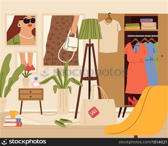 Chaos in room. Female zone, living or girl flat interior. Wardrobe, fashion posters on wall, sale shopping bag in apartment vector illustration. Girl chaos and dirty room, apartment interior. Chaos in room. Female zone, living or girl flat interior. Wardrobe, fashion posters on wall, sale shopping bag in apartment vector illustration