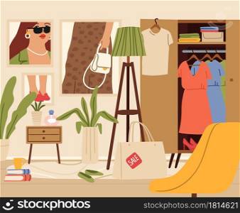 Chaos in room. Female zone, living or girl flat interior. Wardrobe, fashion posters on wall, sale shopping bag in apartment vector illustration. Girl chaos and dirty room, apartment interior. Chaos in room. Female zone, living or girl flat interior. Wardrobe, fashion posters on wall, sale shopping bag in apartment vector illustration