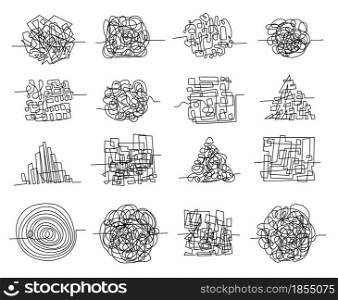 Chaos line scribbles and random tangled maze shapes. Pen doodle concept of messy thoughts, complicated problem and confused mind vector set. Confusion or disorder elements isolated on white