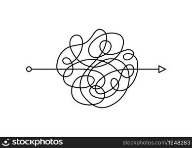 Chaos path with arrow. The process of understanding. Difficult way to solve problems in business. Chaos line. Scribble chaos path. Hand drawn doodle vector illustration isolated. Editable stroke.. Chaos path with arrow. The process of understanding. Difficult way to solve problems in business. Chaos line. Scribble chaos path. Hand drawn doodle vector illustration isolated. Editable stroke