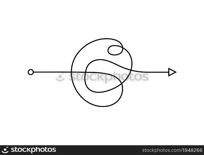 Chaos path with arrow. The process of understanding. Difficult way to solve problems in business. Chaos line. Scribble chaos path. Hand drawn doodle vector illustration isolated. Editable stroke.. Chaos path with arrow. The process of understanding. Difficult way to solve problems in business. Chaos line. Scribble chaos path. Hand drawn doodle vector illustration isolated. Editable stroke