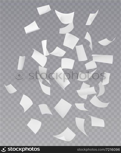 Chaotic falling flying empty white paper sheets with curved corners on transparent background realistic vector illustration. Chaotic Falling Flying Paper Sheets