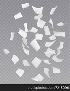 Chaotic falling flying empty white paper sheets with curved corners on transparent background realistic vector illustration. Chaotic Falling Flying Paper Sheets