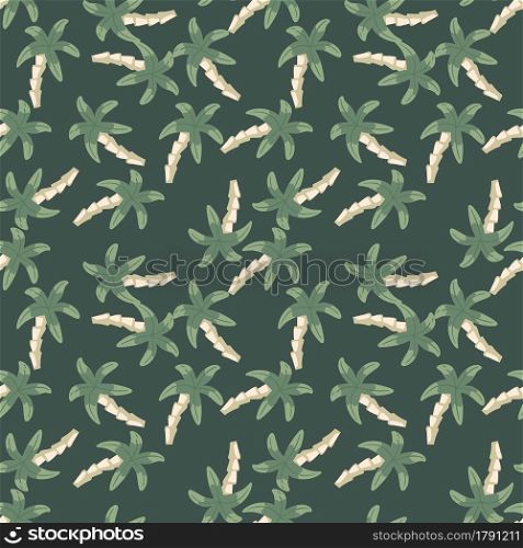 Chaotic palm tree seamless pattern on green background. Simple tropical wallpaper. Decorative backdrop for fabric design, textile print, wrapping, cover. Vector illustration. Chaotic palm tree seamless pattern on green background. Simple tropical wallpaper
