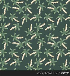 Chaotic palm tree seamless pattern on green background. Simple tropical wallpaper. Decorative backdrop for fabric design, textile print, wrapping, cover. Vector illustration. Chaotic palm tree seamless pattern on green background. Simple tropical wallpaper