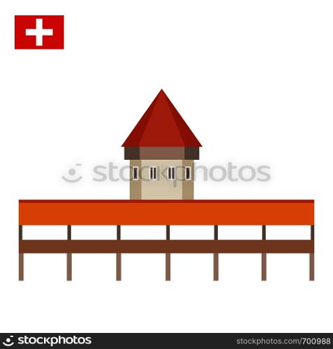 Chapel Bridge in Lucerne, Switzerland. Swiss travel landmark in flat style. National attractions. Icon for travel agency. Vector illustration. Chapel Bridge in Lucerne, Switzerland