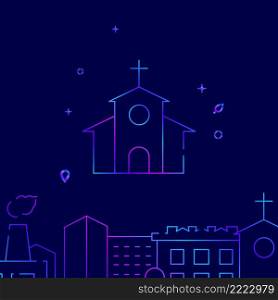 Chapel, christian church gradient line vector icon, simple illustration on a dark blue background, cityscape buildings related bottom border.. Chapel, christian church gradient line icon, buildings vector illustration