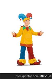 Chapiteau or Big Top Circus clown character. Clown with face makeup, wearing colorful costume with long pants, cap and bells hat, curled toes shoes. Jester standing with arms apart cartoon vector. Chapiteau or Big Top Circus clown vector character