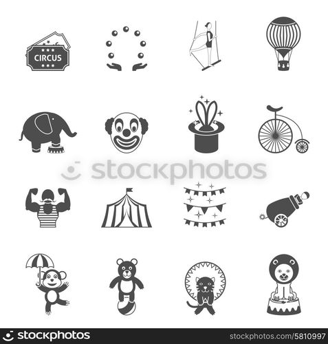 Chapito circus icons set black. Travelling chapiteau tent performance black icons set with magician hat and circus clown abstract isolated vector illustration