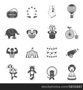 Chapito circus icons set black. Travelling chapiteau tent performance black icons set with magician hat and circus clown abstract isolated vector illustration