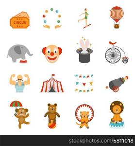 Chapito circus icons set flat . Travelling chapiteau tent magic performance flat icons set with clown and circus animals abstract isolated vector illustration