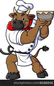 character a big bull working as a professional chef wearing a uniform posing with a bowl of soup of illustration