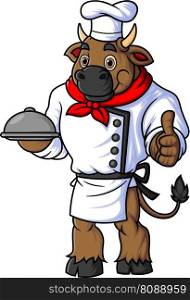 character a big bull working as a professional chef wearing uniform and giving thumbs up of illustration