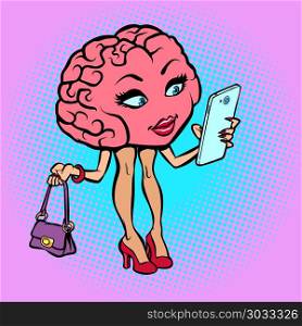 Character brain woman with a smartphone. Character brain woman with a smartphone. Comic book cartoon pop art retro illustration. Character brain woman with a smartphone