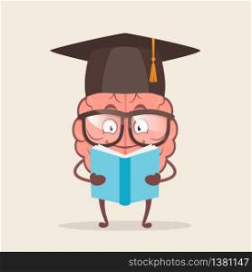 Character cartoon brain in round glasses reading a book. Brain training and education concept. Vector stock