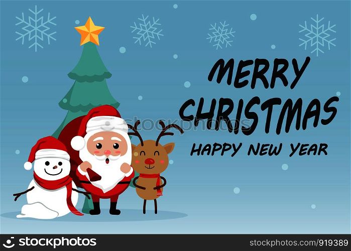 Character Cartoon Cute Christmas Day , Merry christmas happy new year festival , santa claus with gift box in bag and snow man , christmas tree snowflake and text , invitation card vector illustration