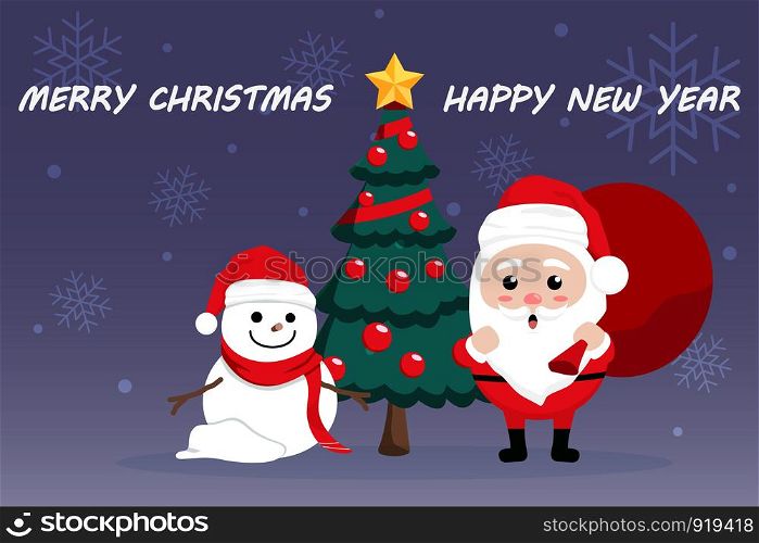 Character Cartoon Cute Christmas Day , Merry christmas happy new year festival , santa claus with gift box in bag and snow man , christmas tree snowflake and text , invitation card vector illustration