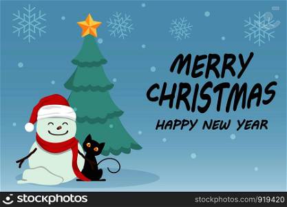Character Cartoon Cute Christmas Day , Merry christmas happy new year festival , black cat and snow man , christmas tree snowflake and text , invitation card vector illustration