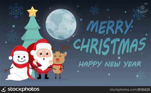 Character Cartoon Cute Christmas Day , Merry christmas happy new year festival , santa claus with gift box in bag and snow man reindeer, christmas tree snowflake and text , invitation card vector illustration