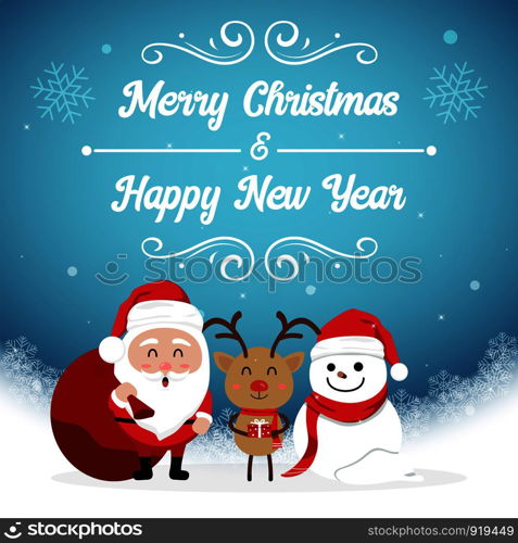 Character Cartoon Cute Christmas Day , Merry christmas happy new year festival , santa claus and snow man and cute reindeer hold gift box, snowflake text invitation card , vector illustration