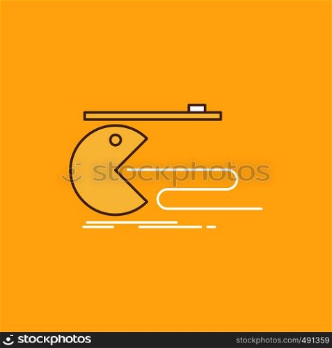 Character, computer, game, gaming, pacman Flat Line Filled Icon. Beautiful Logo button over yellow background for UI and UX, website or mobile application. Vector EPS10 Abstract Template background