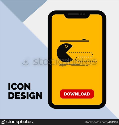 Character, computer, game, gaming, pacman Glyph Icon in Mobile for Download Page. Yellow Background. Vector EPS10 Abstract Template background