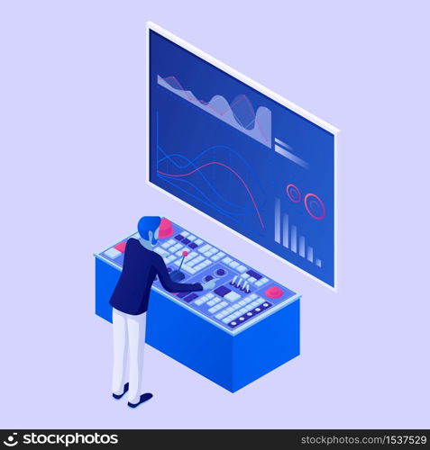 Character conducts web analytics isometric concept. Man with control panel testing analytical strategy development diagrams infographic information digital financial statistics modern vector.. Character conducts web analytics isometric concept. Man with control panel testing analytical strategy development.
