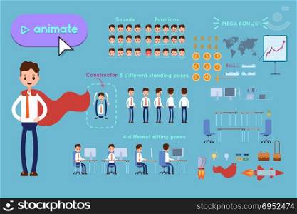 Character constructor for animating. Businessman in blue shirt wearing a superhero cloak on blue background. Animation of speech, emotions, turns, standing, sitting. Objects for animation