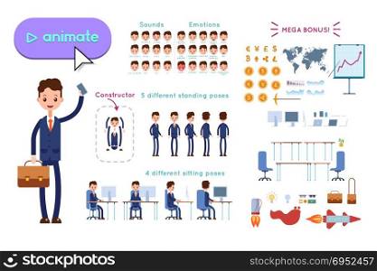 Character constructor for animating. Businessman in blue suit holding phone and leather briefcase on white background. Animation of speech, emotions, turns, standing, sitting. Objects for animation